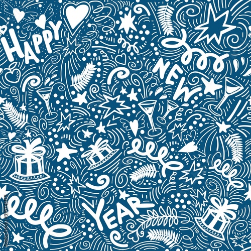 Christmas seamless pattern with holiday attributes drawn by hand in doodle style. Garlands, cake, gifts, glasses, confetti and handwriting words happy, new, year on trendy color tidewater green.

