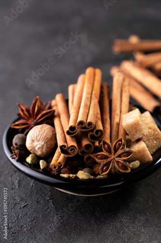 Spices set.Various seasonings for cooking or mulled wine, anise, cardamom, cloves, cinnamon, nutmeg