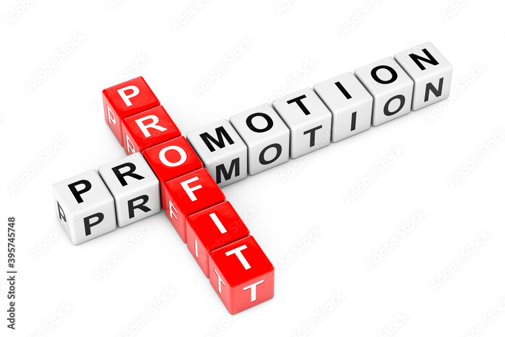 Profit and Promotion Sign as Crossword Cube Blocks. 3d Rendering Profit and Promotion Sign as Crossword Cube Blocks. 3d Rendering