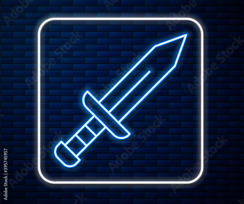 Glowing neon line Sword icon isolated on brick wall background. Medieval weapon. Vector.