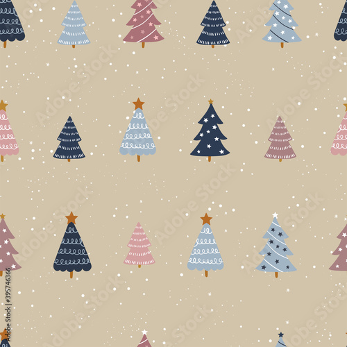 Cute hand drawn Christmas seamless pattern, lovely trees, gift boxes, baubles and more decoration, holiday background - vector design © TALVA