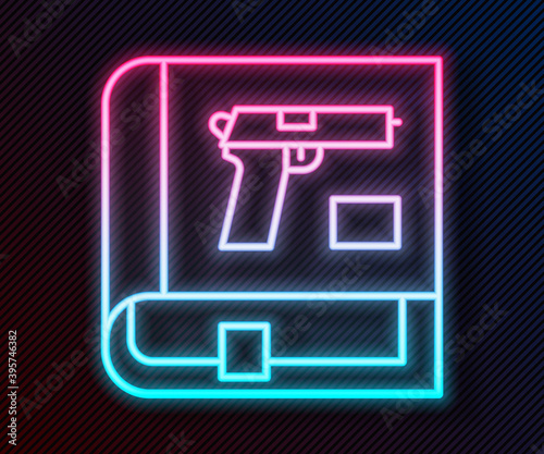 Glowing neon line Book with pistol or gun icon isolated on black background. Police or military handgun. Small firearm. Weapon catalog. Vector.