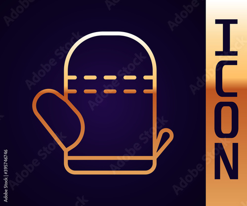 Gold line Oven glove icon isolated on black background. Kitchen potholder sign. Cooking glove. Vector.