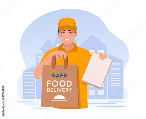 Delivery man in a yellow uniform holding a bag with food on the background of the city. Food delivery service concept. Vector illustration 