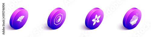 Set Isometric Paper chinese folding fan, Yin Yang, Lotus flower and Asian noodles in bowl icon. Vector.