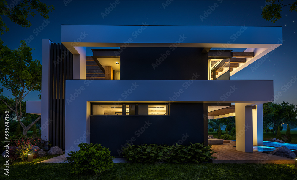 Obraz premium 3d rendering of modern cozy house with pool and parking for sale or rent in luxurious style and beautiful landscaping on background. Clear summer night with many stars on the sky.