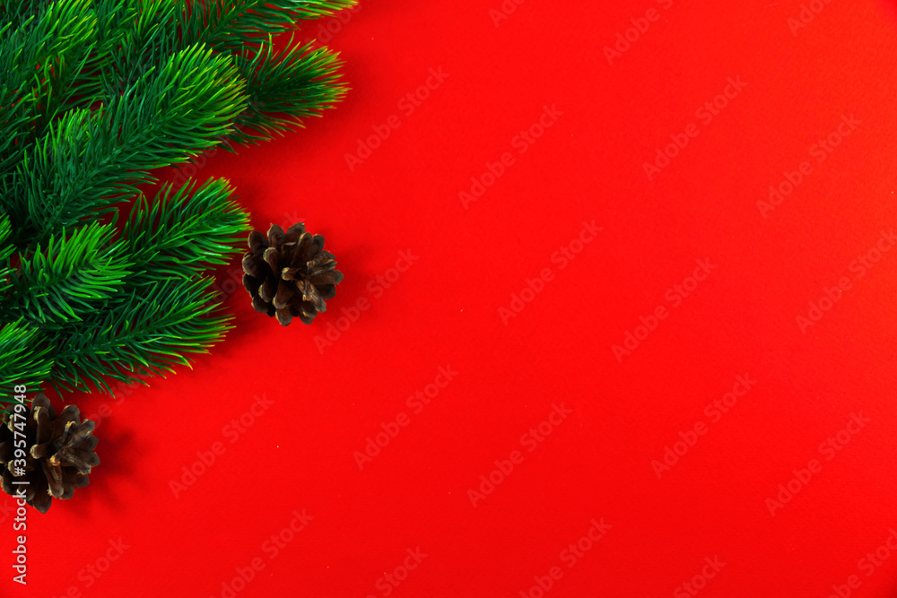 Winter composition, green fir branches and cones, bright red background, copy space, flat lay