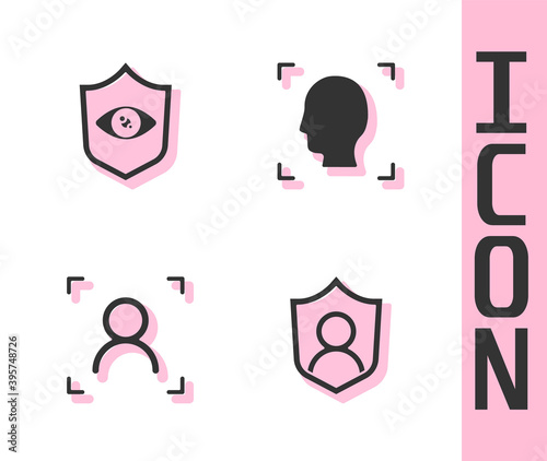 Set User protection, Shield eye scan, Face recognition and icon. Vector.