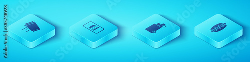Set Isometric Coffee cup to go, Online ordering and delivery, Hotdog sandwich and Fast by car icon. Vector.