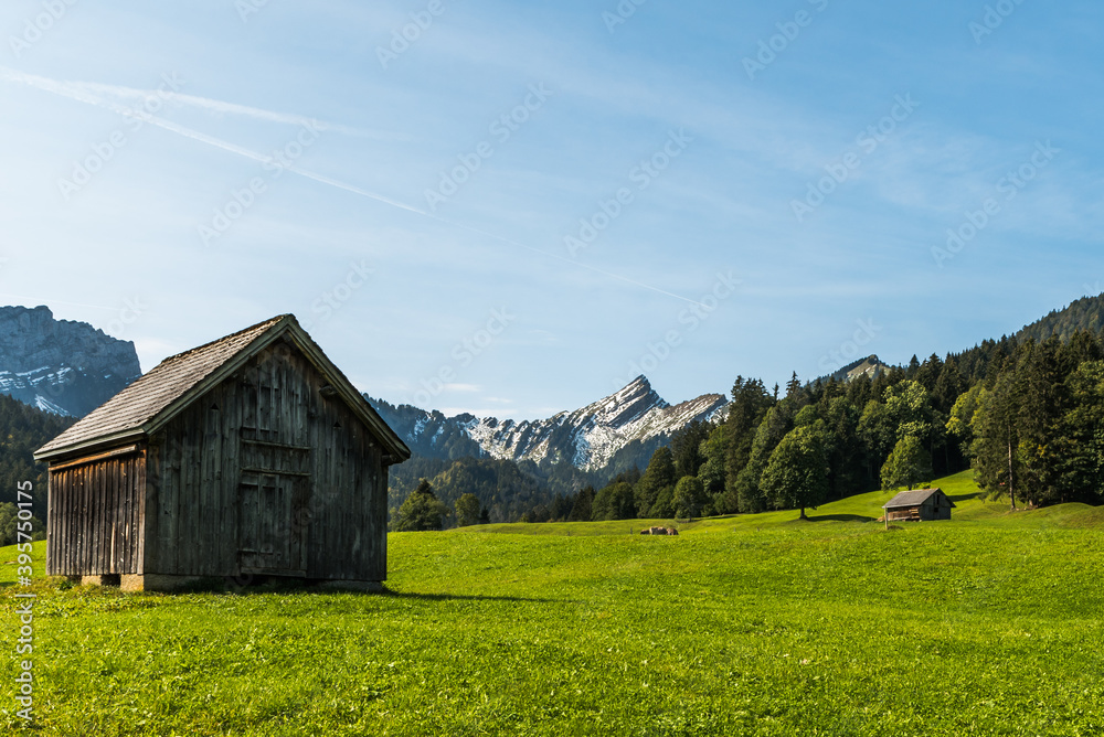 Obraz premium Landschaft im Toggenburg, im Hintergrund der Berg Speer, Kanton St. Gallen, Schweiz