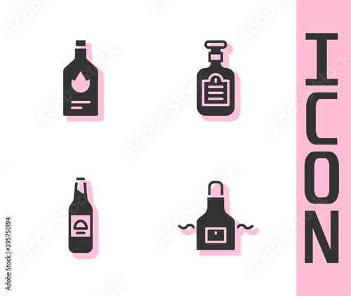 Set Kitchen apron, Tabasco sauce, Beer bottle and Sauce icon. Vector.