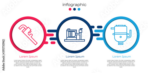 Set line Pipe adjustable wrench, Electric water pump and Electric boiler for heating water. Business infographic template. Vector.