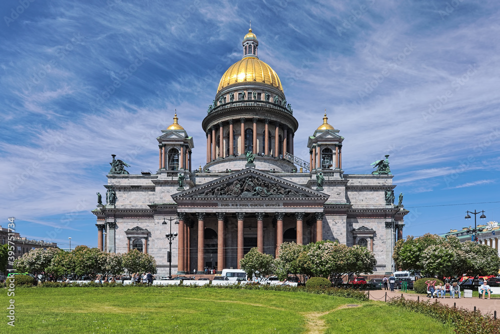 Saint Isaac's Cathedral in Saint Petersburg, Russia. The cathedral was built in 1818-1858 by design and under the direction of the French Classicism architect Auguste de Montferrand.