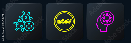 Set line Positive virus, Human and and Corona 2019-nCoV. Black square button. Vector.