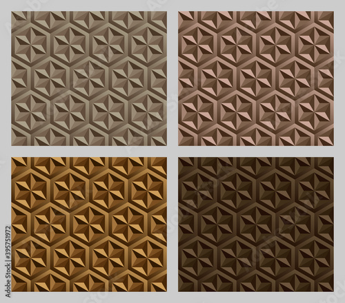 Geometric hexagram shapes seamless patterns. Earth tone brown color background set. Vector illustration.