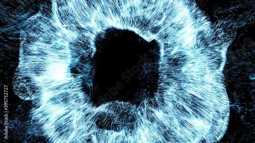 3d render of particles exploision. Dynamic fury turbulenced behavior. Loop animation. photo