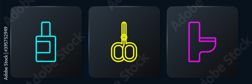 Set line Bottle for cleaning agent, Toilet bowl and Nail scissors. Black square button. Vector.