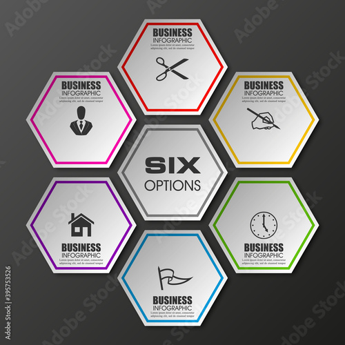Information infographic statistic vector presentation. Graphic composition for your business presentations. Six hexahedron label for your annotations. 6 hexagon sticker for registration of proposals
