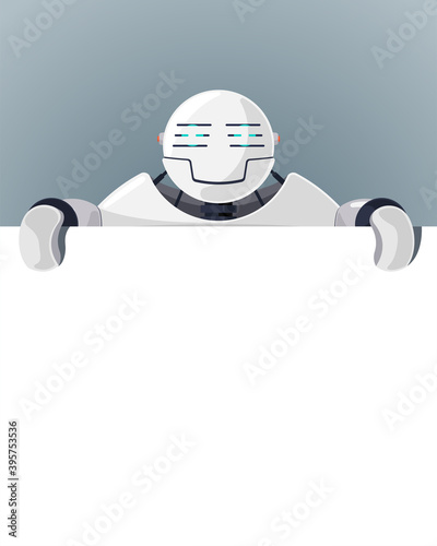 Cartoon robot stand behind blank poster space for text. White cyborg character holding empty white board for presentation. Robotic information banner mockup interface flat design vector illustration