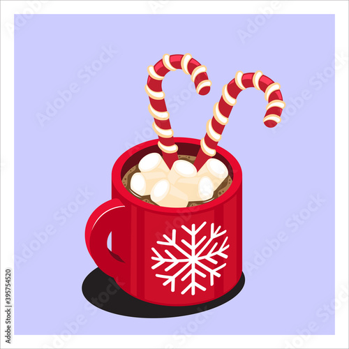 Illustration vector isometric of hot chocolate drink on merry christmas festive , cute pattern on red mug as cozy christmas concept 