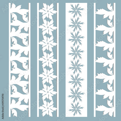 Panel made of snowflakes and flowers, cut out paper. Set of templates of bookmarks for laser cutting, stencil.
