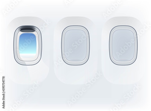 Airplane illuminator banner, aircraft decoration design. Modern interior Journey vacation. Travel Aircraft window. Commercial airplane porthole. Airplane illuminator banner, design aircraft banner