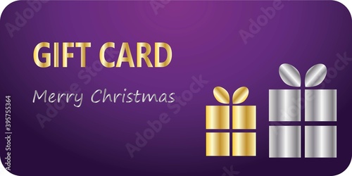 Christmas gift card with presents and violet background. Holiday discount vector design.