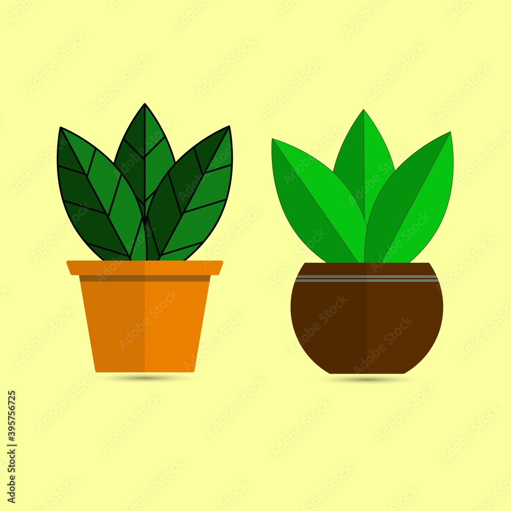 Potted green leafs vector design isolated on yellow background Potted green leafs vector design isolated on yellow background