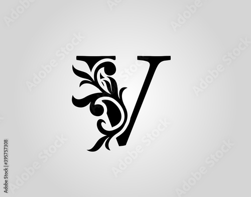 Vector graphic elegant logotype / Letter V Design. Vintage Calligraphic Alphabetical Icon for book design, brand name, stamp, Restaurant, Boutique, Notary, Hotel.