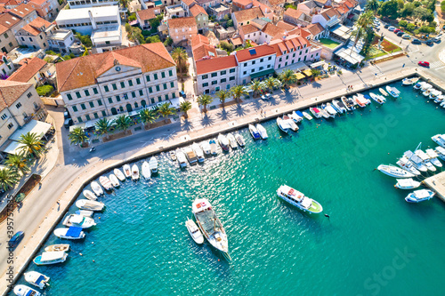 Korcula. Town of Vela Luka on Korcula island waterfront aerial view