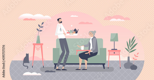Elderly home care with social worker for senior support tiny person concept.