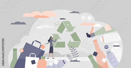 Green packaging as household plastic items recycling tiny person concept
