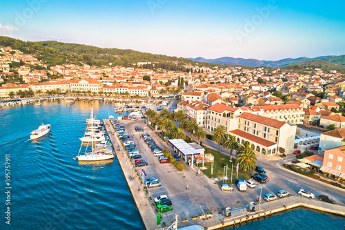 Korcula. Town of Vela Luka on Korcula island waterfront aerial view