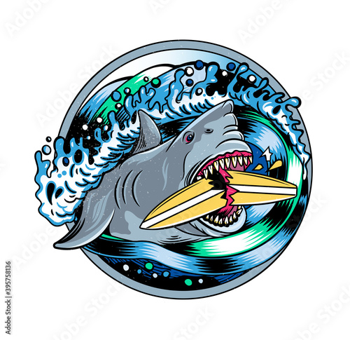 Surfing T-shirt Vector Designs.Angry Shark and Surfing Board. Vector Illustration.