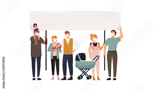 Parents with children in face masks participate in a mass protest during a coronavirus pandemic. Vector illustration