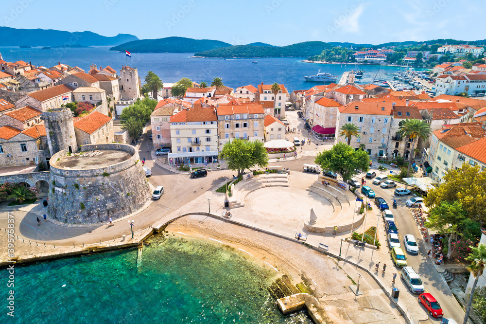 Korcula island. Historic town of Korcula waterfront aerial view