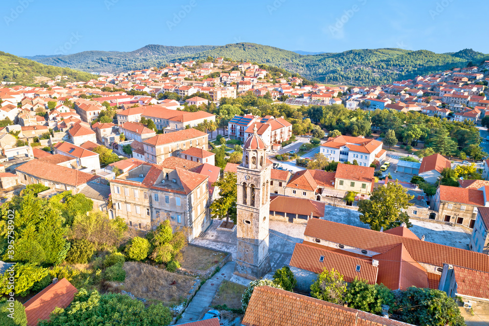 Blato on Korcula island historic town stone square and church aerial view