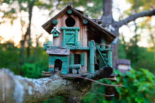 Wooden Small Tree House at the Summer Forest Landscape Background. Tree House and Bird Feeder Isolated on Green Trees Nature Background. Empty Birdhouse Handcrafted from Wood Outdoors at the Park. © Good
