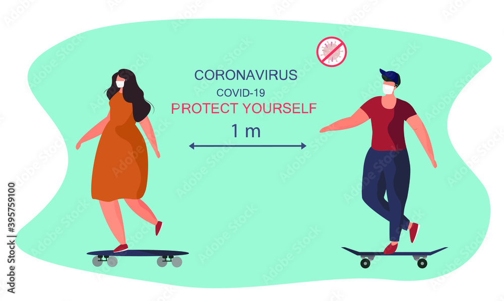 Woman and Man Characters in Medical Mask Riding Skateboard during Covid 19 Pandemic.Rules for Walking in Quarantine in Park.Social Distance.Protect Yourself.Flat Vector Illustration.