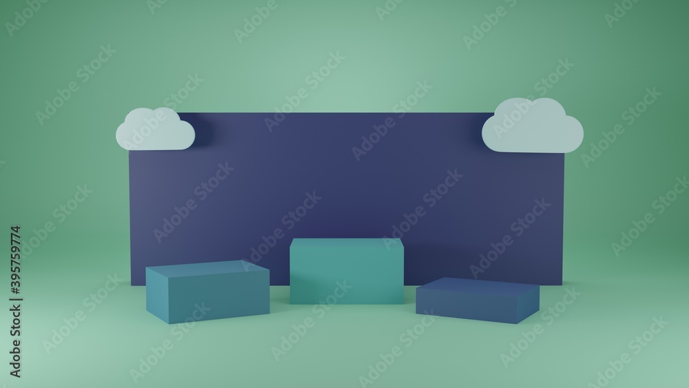 Empty pedestal display, blue color with background and flat cloud shapes levitating. Abstract 3D rendering with copy space for branding banner, step podium, showcase for product promotion Empty pedestal display, blue color with background and flat cloud shapes levitating. Abstract 3D rendering with copy space for branding banner, step podium, showcase for product promotion