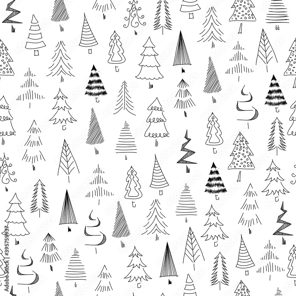Hand-painted christmas trees seamless texture. Abstract black and white fir-tree. Christmas Trees.