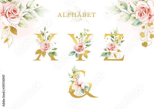 Watercolor floral alphabet set x y z & with golden leaves