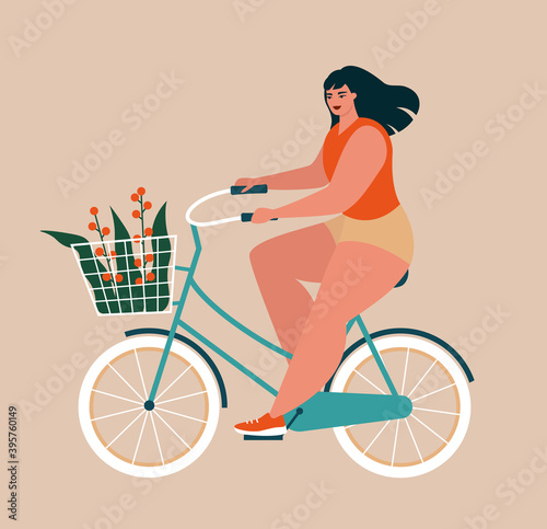 Body positive woman. Beautiful stylish young girl riding a bicycle with a bouquet of flowers in a basket. Healthy active lifestyle, summer concept. Lady keeping fit. Isolated flat vector illustration