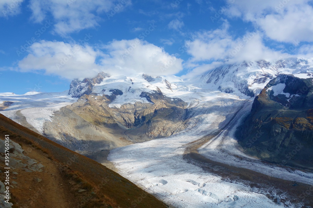 The famous Gorner Glacier in Switzerland, second largest glacier in the Alps. The magnificent panorama of the Pennine Alps with impressive snow capped mountains (Monte Rosa Massive and Liskamm)