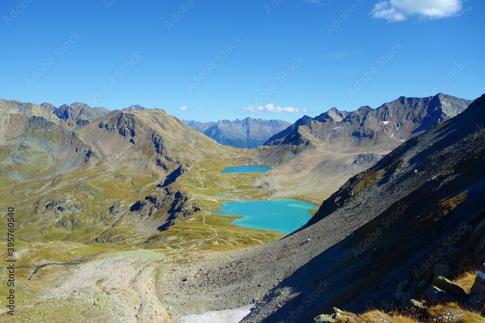 Jöri lakes called Jöriseen in the heart of a barren mountain landscape, Swiss Alps, near to Davos, Switzerland