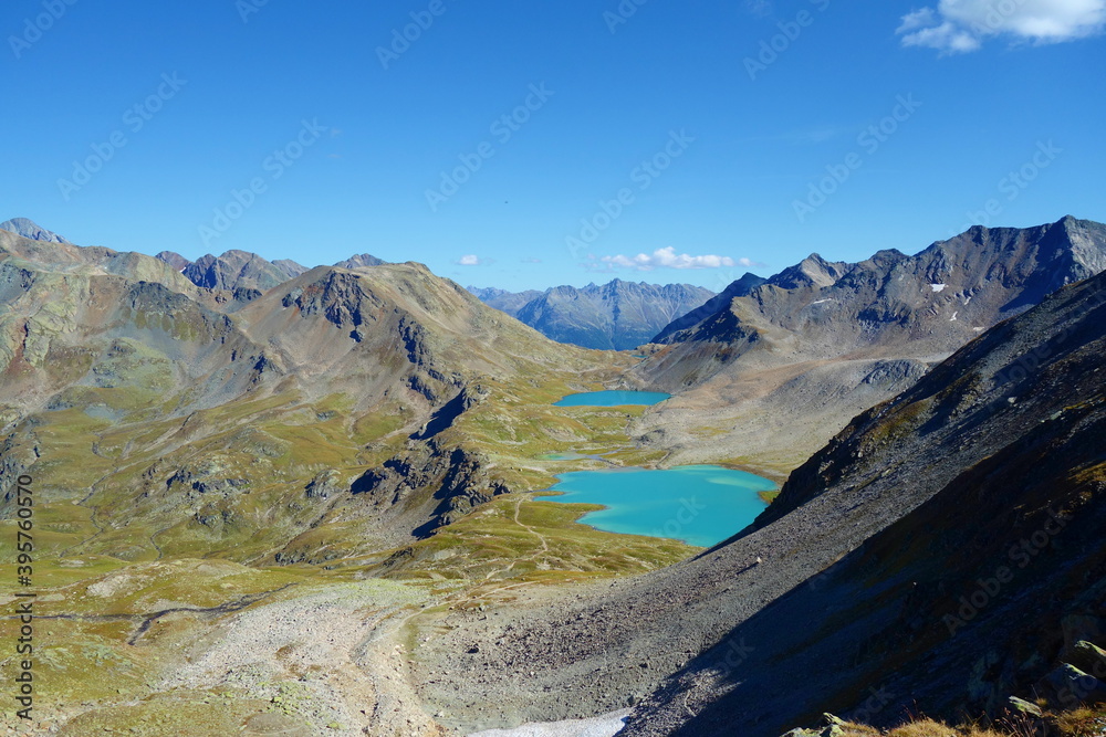 Jöri lakes called Jöriseen in the heart of a barren mountain landscape, Swiss Alps, near to Davos, Switzerland