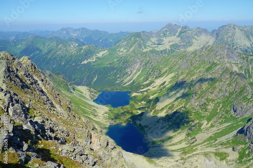 Mountain lakes called Temnosmrecianske pleso from the top of Koprovsky Stit mountain, Tatry national park, Slovakia