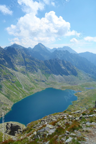 Velke Hincovo pleso, the biggest mountain lake in High Tatras surrounded by Rysy and Koprovsky Stit, Slovakia