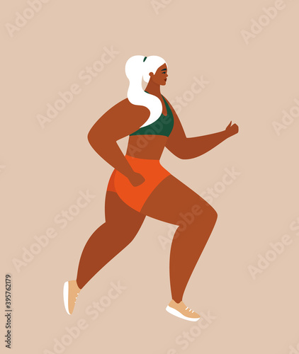 Body positive woman. Beautiful stylish plus size girl running. Healthy active lifestyle, keeping fit concept. Female character jogging. Isolated flat vector illustration
