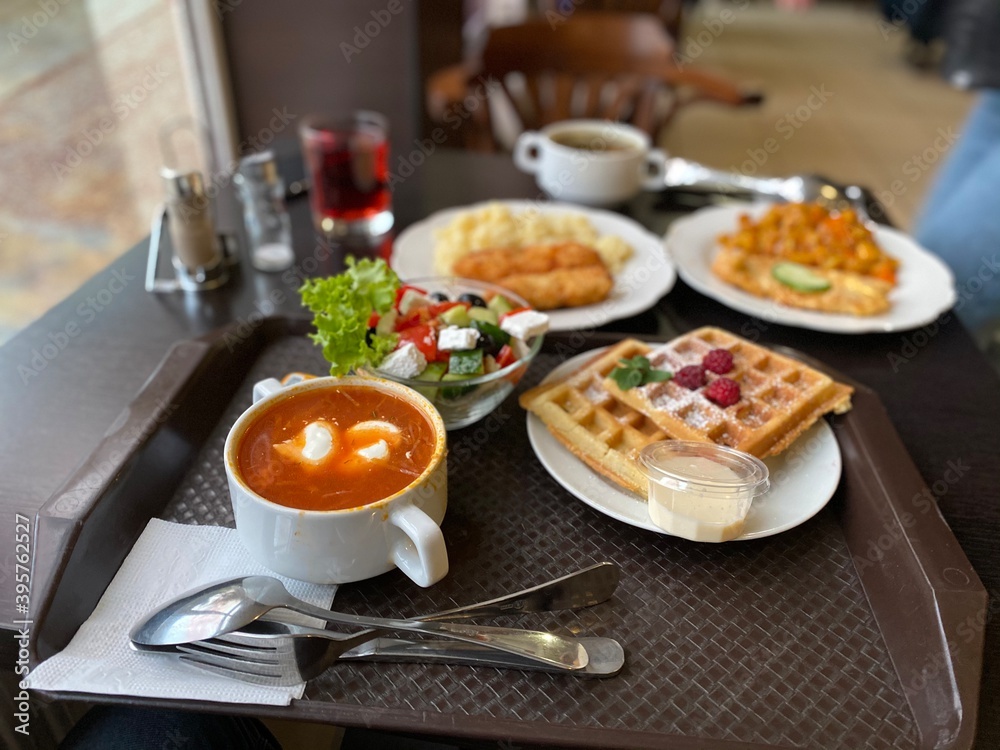 lunch in the dining room on a tray